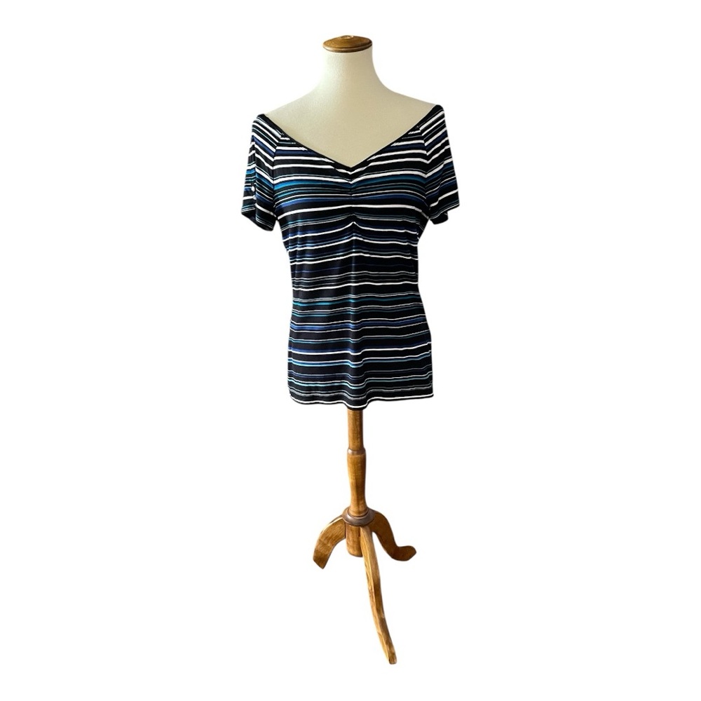 #143, White House Black Market Blue and White Fitted Short Sleeve Tee, size L